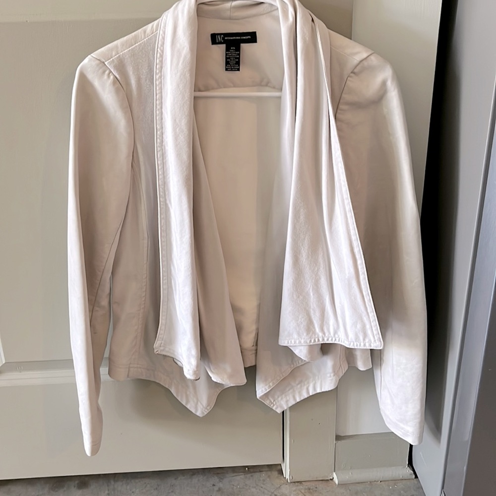 INC Leather arms and back with cotton material in front. Beige jacket